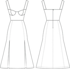 sleeveless strapped strappy square neck fit bodycon pleated mermaid long midi zippered dress template technical drawing flat sketch cad mockup fashion woman design style model 
