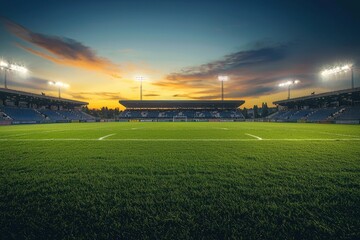 Dusk at a football stadium with empty seats modern design serene atmosphere open view of the field captivating sunset light over well-maintained grass
