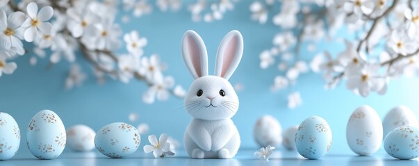 Easter celebration idea: A top-down view of Easter bunny ears and white, pink, blue, and yellow eggs on a pastel blue background with space for text. 3D rendering