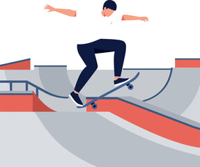 Fototapeta premium Skateboarder performing tricks in a modern skate park flat vector art