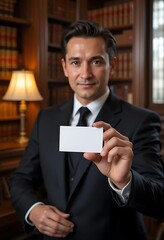 A lawyer in a suit holds up a business card in a library filled with legal books.