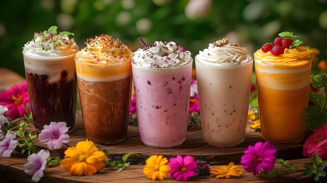 A Colorful Arrangement of Delicious Frapp&Atilde; Drinks Surrounded by Summer Flowers