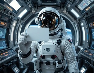 An astronaut in a spacesuit is holding a blank business card in a spacecraft with Earth visible in the background. The mockup showcases professional branding in a space-themed setting.