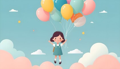 Little Girl Flying with Balloons