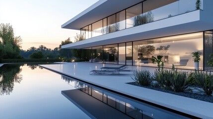 Modern architectural masterpiece with a reflective pool, seamlessly blending indoor-outdoor living, enhanced by sleek design and lush greenery under the twilight sky, capturing serenity.