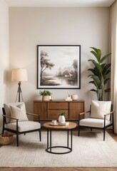 Fototapeta premium Cozy Living Room Interior with Modern Furniture and Tranquil Landscape Art