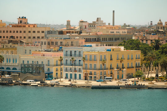 High angle view of Old Havana bay port malecon and city from Casa Blanca on a sunny day. Havana cityscape, skyline panorama.