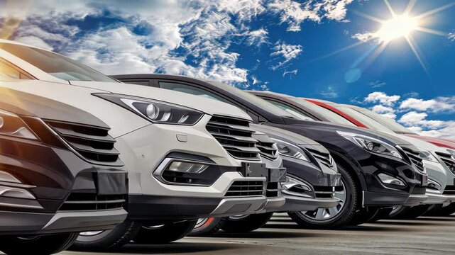 Multiple cars in different colors are parked side by side in a lot, highlighting their designs under clear blue skies