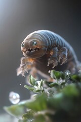 Fototapeta premium a close-up of a fierce-looking tardigrade (water bear) with sharp teeth, crawling on green moss with water droplets. focus is on the creature's face.