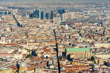 Aerial view of the historic centre of Naples, the Centro Storico, seen from the Castel Sant'Elmo on the Vomero hill. There are more than 200 historic churches in the old centre alone.