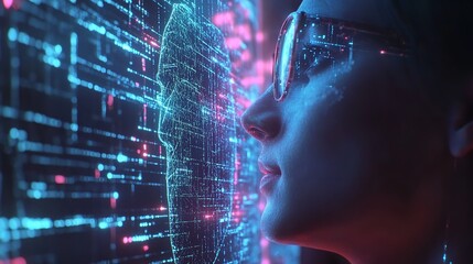 A Woman In Awe, Gazing At A Digital Face Emerging From A Vibrant Data Stream, Illuminated By Cool Blue And Warm Pink Neon Light