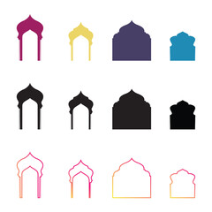 Islamic Shape door, window silhouette Arabic arch. Frames in Arabian Muslim design for Ramadan Kareem. Mosque gate isolated shape. Colorful Islamic Archways.