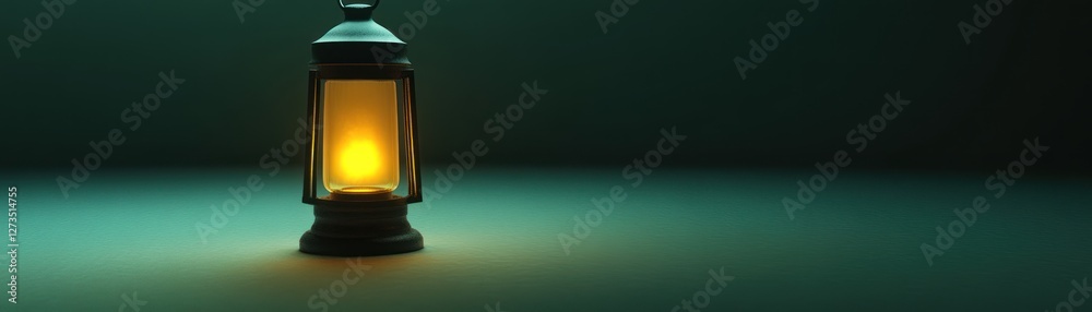 Poster illuminated lantern sits on a surface against a dark background