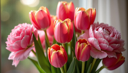 Fototapeta premium Pink tulips and peonies in a vase