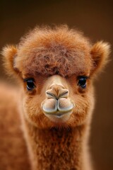 Close-up of adorable baby alpaca with fuzzy fur and innocent face on blurred brown background