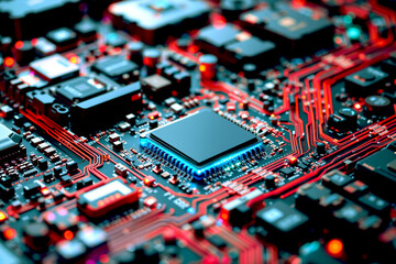 Motherboard, chip. Computer chip on motherboard with beautiful sky blue and red light. Computer...