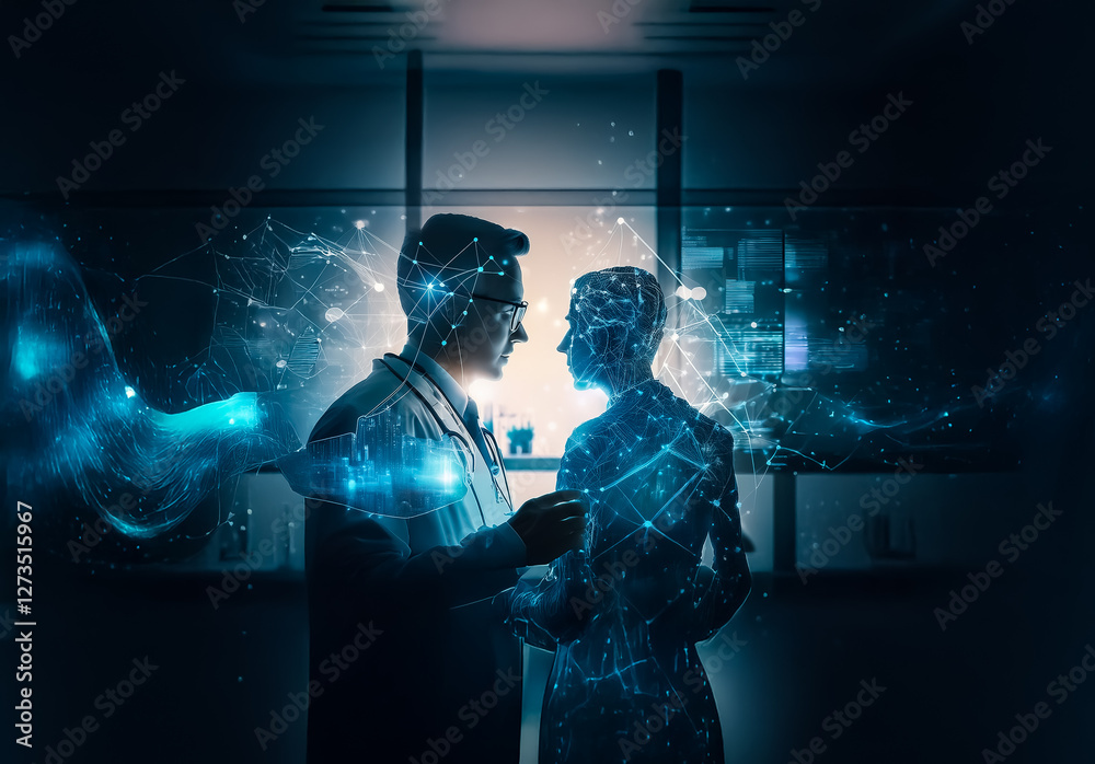 Poster shenzhen, china - unknown date : a scientist in a lab coat interacts with a digital, abstract figure