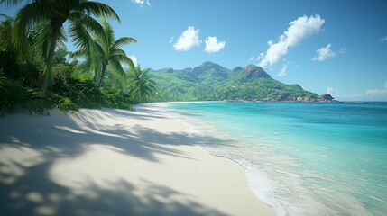 Tropical beach scene with palm trees, shadows, and distant mountains