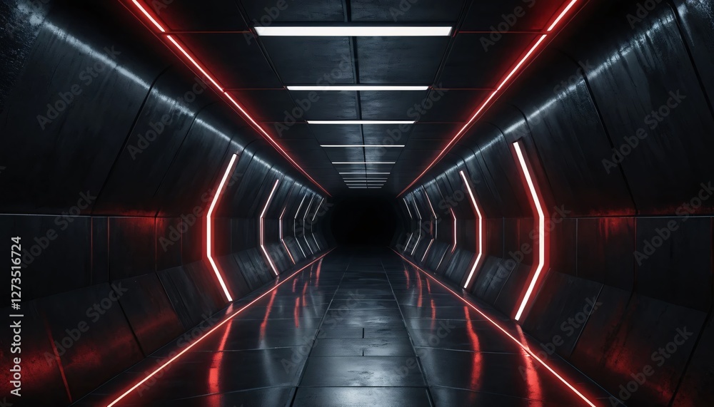 Poster futuristic tunnel. red and white lights illuminate reflective metallic walls. creating a sci-fi ambi