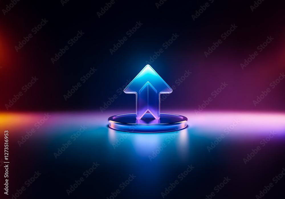 Poster Shenzhen, China - Unknown Date : A luminous blue arrow points upwards from a circular base, illuminated against a dark backdrop with colorful highlights.