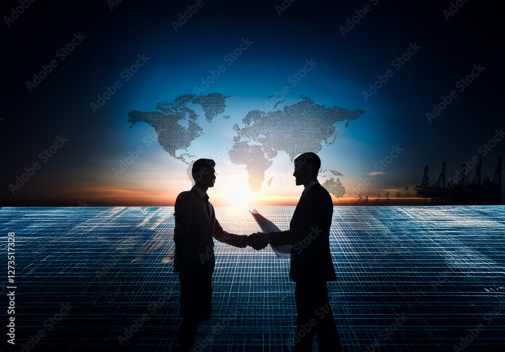 Poster shenzhen, china - unknown date : two silhouetted people shake hands against a digital world map and 