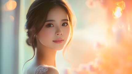 Fototapeta premium Young Asian Woman in Elegant Dress with Confident Expression Amidst Soft Glowing Background