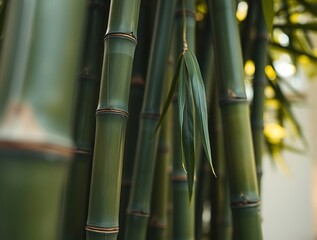 Green Bamboo Stalks and Leaves in Soft Natural Light Setting