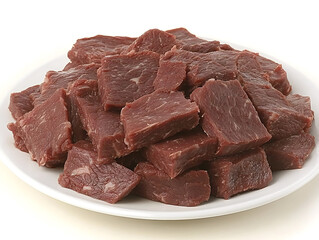 Raw beef cubes piled high on a white plate ready for cooking.