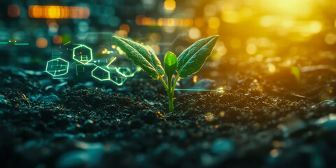 Futuristic sprout with digital elements growing in soil illuminated by golden sunlight