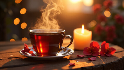 Fototapeta premium Steaming cup of tea beside a candle and flowers at sunset