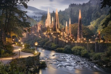 Fototapeta premium Enchanted Ancient Elven City Nestled in Lush Greenery