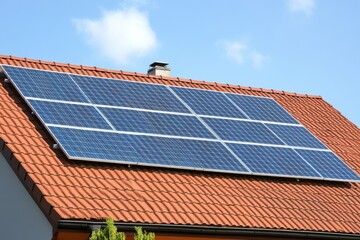 Solar Panels on a Red Tile Roof under a Blue Sky