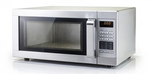 Obraz premium Stainless Steel Microwave Oven on White Background
