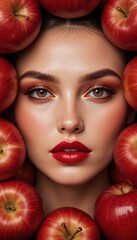 A woman's face surrounded by red apples, showcasing natural beauty and healthy lifestyle. Ideal for promoting organic produce and wellness.