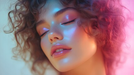 Naklejka premium Vibrant Young Woman with Curly Hair Showcasing Fresh and Dewy Skin in Colorful Lighting