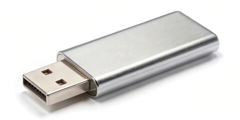 Silver USB Flash Drive on White Background