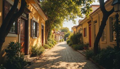Fototapeta premium Charming cobblestone street with colorful houses and lush greenery in warm sunlight