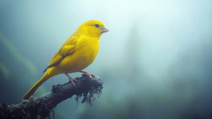 A group of yellow canaries (Serinus canaria) perched against a white backdrop