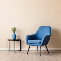 Modern Blue Armchair in Beige Room Interior