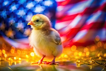 A patriotic chick, blurred flag backdrop, artistic long exposure captures stunning feathered detail in this national bird photo.