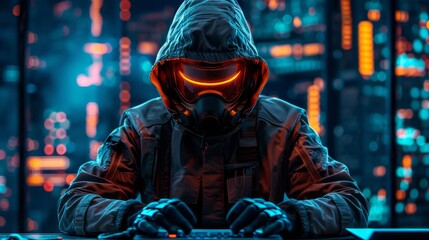 Person in futuristic gear engages with technology in a neon cyber city at night
