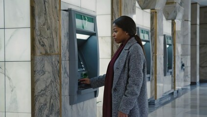 Woman using ATM in modern lobby. Possible use Stock photo for financial services