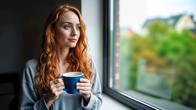 Woman enjoying coffee at a window: time for contemplation