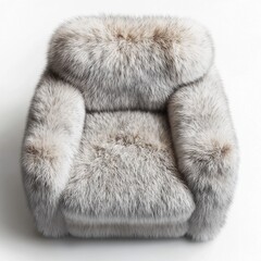 Luxurious faux fur armchair in shades of white and gray on a clean white backdrop, blending opulence with comfort for modern interior designs and sophisticated spaces.