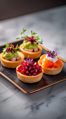 Rustic mini tartlets with fresh toppings on unique asymmetrical serving plate