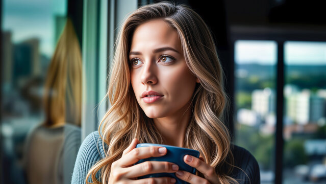 Woman enjoying coffee at a window: time for contemplation