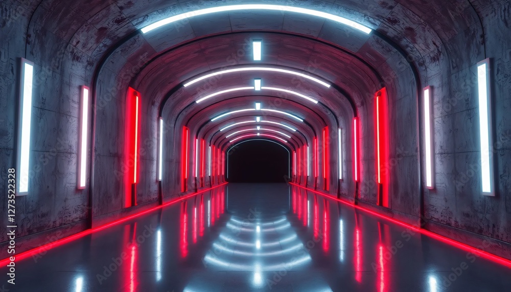 Aufkleber Futuristic Tunnel Vision. Symmetrical Design Lights the Way. Neon Light Strips Enhance Depth. Sleek Architecture and Modern Aesthetics. A Dynamic Space that Evokes Movement and Intrigue. Cool.