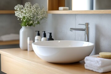 Fototapeta premium Modern Minimalist Ceramic Round Sink: Clean, Elegant Bathroom Design Element. Perfect for interior design projects, websites, blogs, and advertising. High-resolution image showcasing a pristine white 