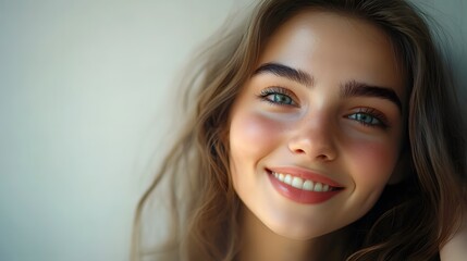 Naklejka premium Charming Portrait of a Young Woman Smiling Brightly with Natural Beauty and Soft Lighting