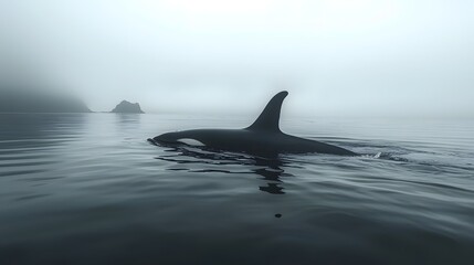 Naklejka premium Mesmerizing silhouetted killer whale set against a tranquil ocean backdrop showcasing a minimalist aesthetic with soft ripples in the water and an ethereal moody lighting effect